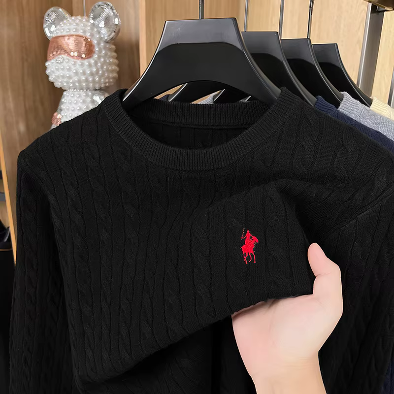 Men New Long-Sleeved Knitwear Round Neck Jacquard Solid Color Pony