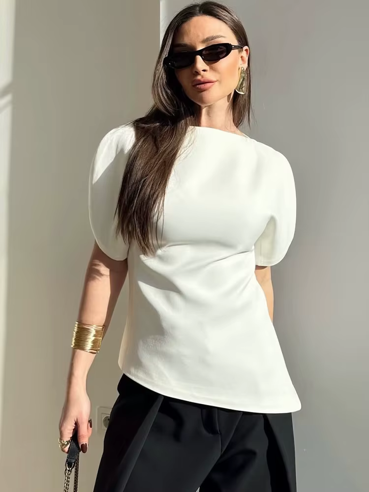 SLTNX Women's Elegant Vintage Short Puff Sleeve O-Neck Asymmetrical