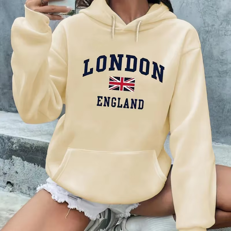 Women's Autumn and Winter Casual Loose London England Print Hooded