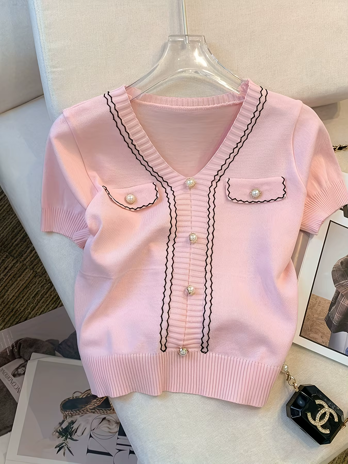 Women'S Casual Summer Top Pink Knit V-Neck with Button Details